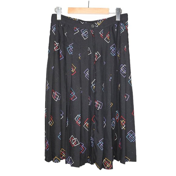 Vintage Midi Pleated Skirt Boho Retro Geo Pattern Summer Black Geek Secretary - Picture 6 of 9